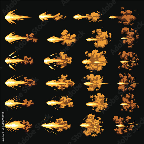 Gun flashes or gunshot animation. Collection of fire explosion effect during the shot with the gun. Cartoon flash effect of bullet starts. Shotgun fire, muzzle flash and explode