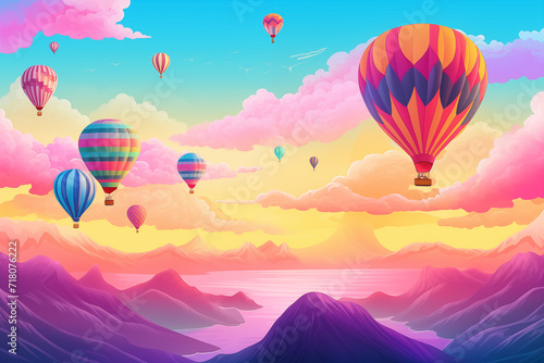 Illustrate a background depicting an Easter dawn scene with colorful egg-shaped hot air balloons floating in the sky