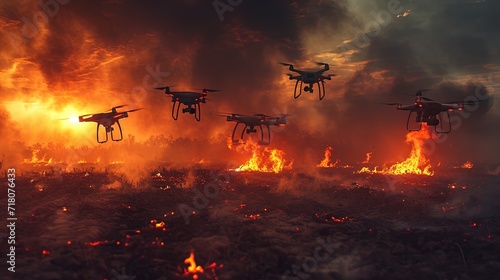 Modern drones flying over burning battle fields. Drones and flames. Future wars.