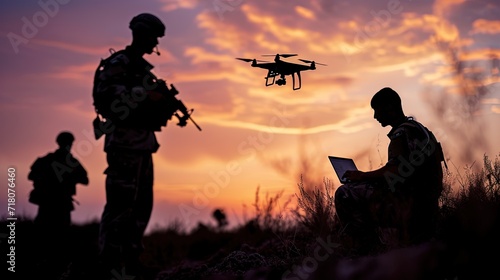 Silhouette of the soldier drone operators on the battlefield. Modern war concept.