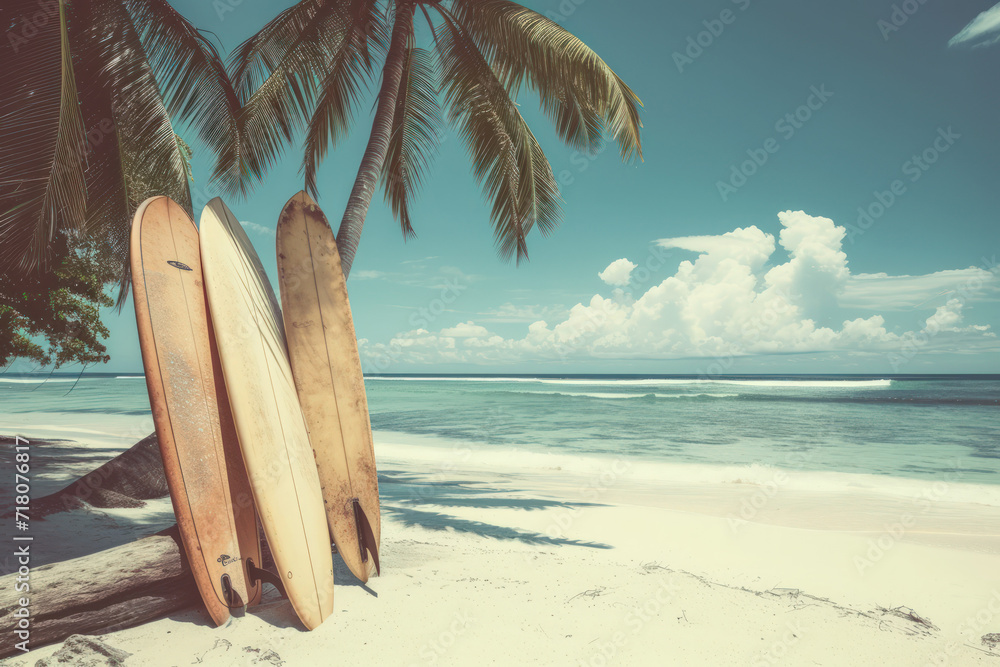 Surfboard on tropical beach background. Vintage tone color style ...