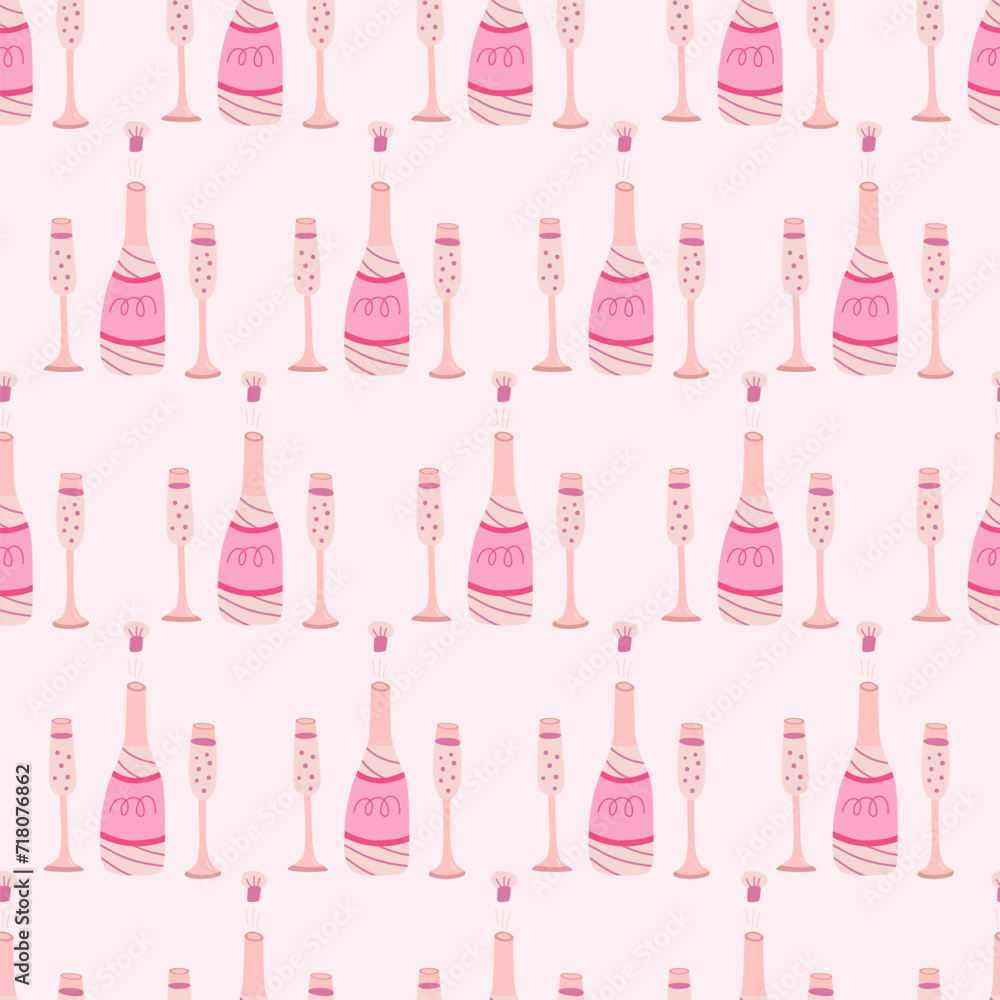 Seamless pattern with bottle of champagne and glasses. Hand drawn flat vector illustration on pink background. Great for celebration, party and birthday themes.. Seamless pattern with bottle of champagne and glasses. Hand drawn flat vector illustration on pink background. Great for celebration, party and birthday themes..