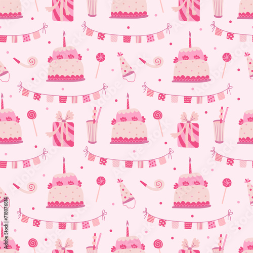 Seamless pattern with birthday cakes, garlands, hats, drinks, whistles, presents and lollipops. Hand drawn flat vector illustration on pink background. Great for celebration, party and birthday themes