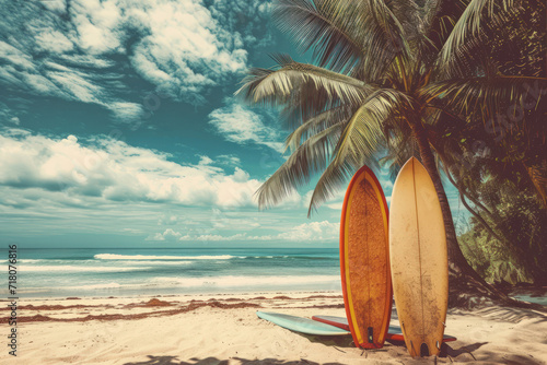 Surfboard on tropical beach background. Vintage tone color style. Generative ai © tonktiti