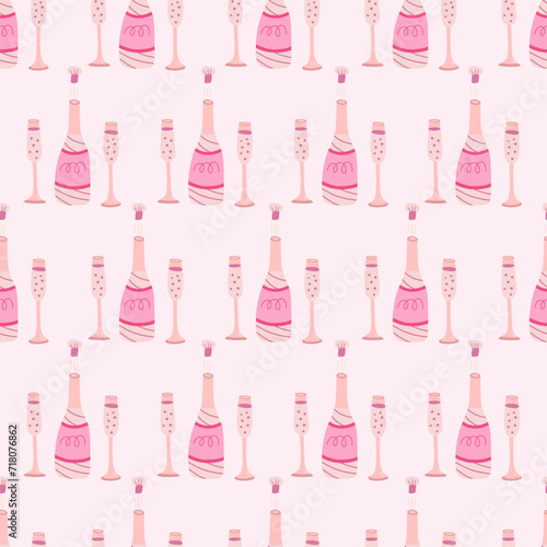 Seamless pattern with bottle of champagne and glasses. Hand drawn flat vector illustration on pink background. Great for celebration, party and birthday themes..