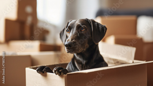 Cute friendly black dog labrador patiently sits in a cardboard box amidst moving chaos. Concept of moving services related to pet relocation, moving day, anticipation of a new home. Close-up view photo