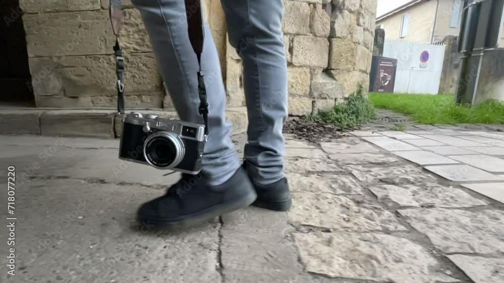 Close Up of man feets walking with a camera on the Streets, Slow motion, High quality 4k footage Close Up of man feets walking with a camera on the Streets, Slow motion, High quality 4k footage