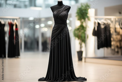 Elegant evening black long women's dress on a mannequin in a fashion studio. Generated by artificial intelligence