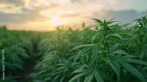 Lush cannabis field in front of picture and lush rapeseed on the background