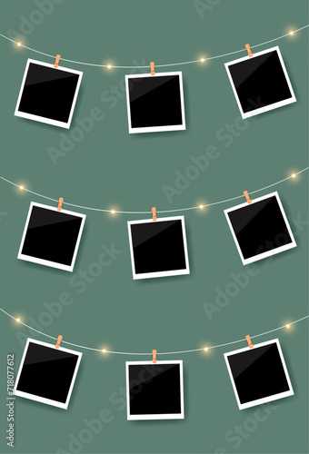 Polaroid frame photo mockup on a rope with clothespins. Empty picture frames. Best moment's. Vector illustration 
