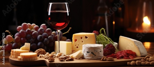 On the wooden table, a red wine glass glimmered elegantly, next to a selection of cheese blocks, tempting anyone nearby with their array of flavors.
