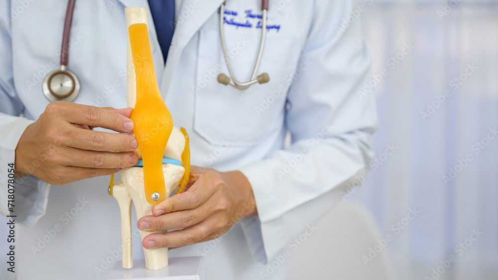 Φωτογραφία An orthopedic surgeon demonstrating treatment of a human cruciate ligament injury in a knee-joint medical teaching model