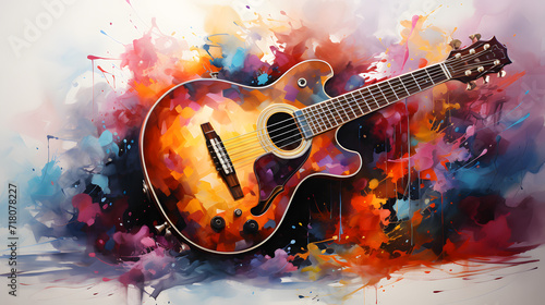colorful Guitar in the foreground on Watercolor painting copy space background