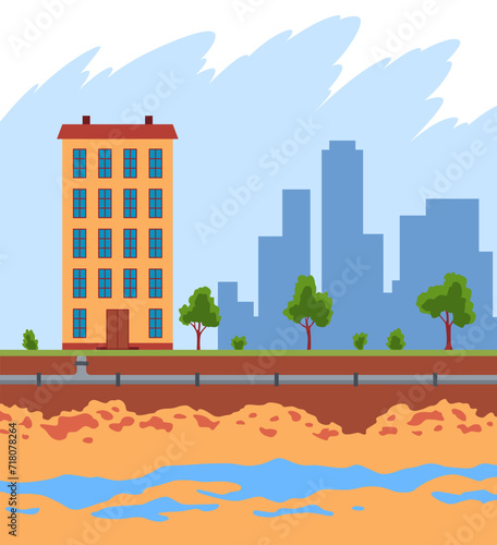 Water supply wells system. Structure of soil and underground water, supplying water to house. Layers of land with underground rivers. Cartoon flat vector illustration