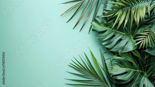 Top view of palm leaves in a green pastel backdrop with a big empty space inside of it for product advertisement, Generative AI. photo