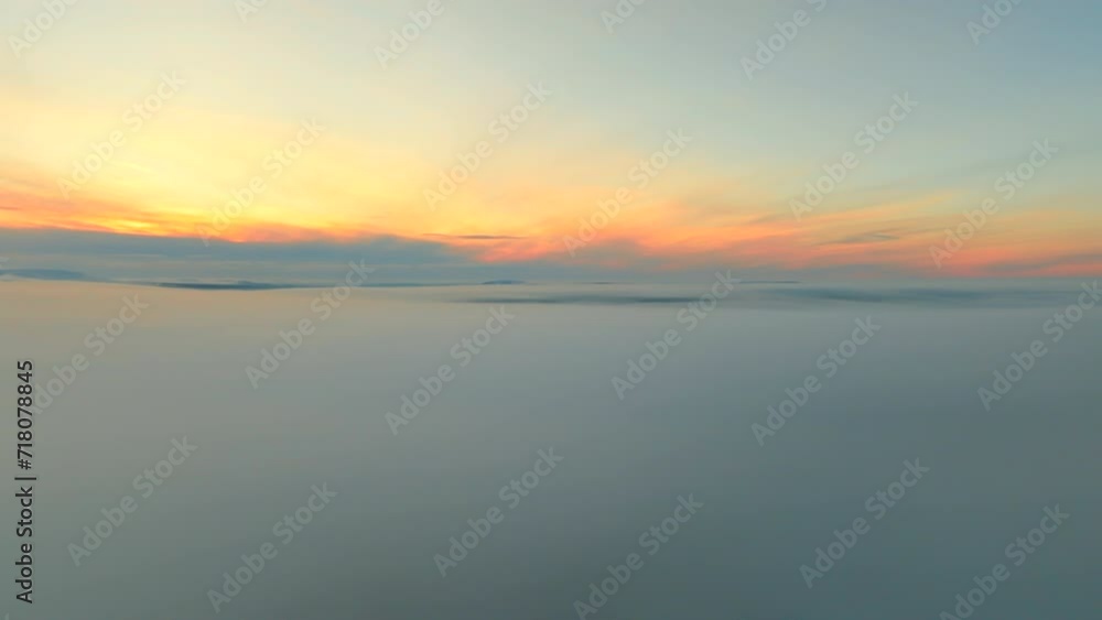 Beautiful sunrise in Lapland over morning mist. Aerial flying forward Beautiful sunrise in Lapland over morning mist. Aerial flying forward