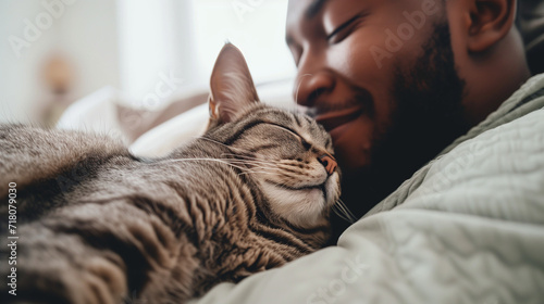 Young attractive black man cuddling his bengal cat while working  from home, furry coworker, ai generated photo