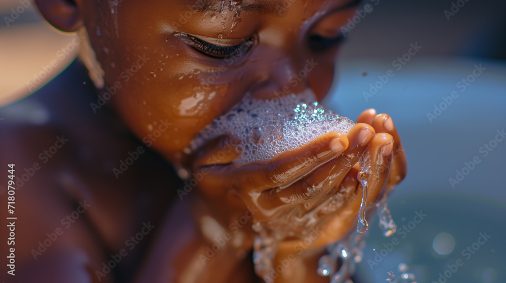 Young black child washing their hands and bathing with soap and water. children's hygiene and health concept. preventing the spread of germs and bacteria. ai generated