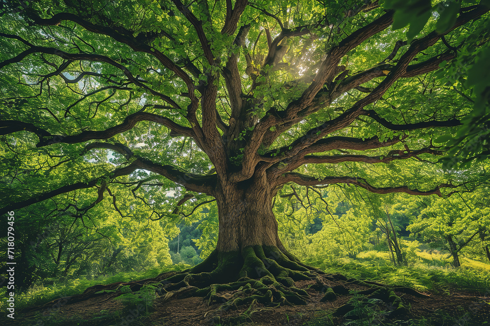 Illustrate a majestic oak tree - its extensive branches spreading wide - set in a lush forest. Illustrate a majestic oak tree - its extensive branches spreading wide - set in a lush forest.