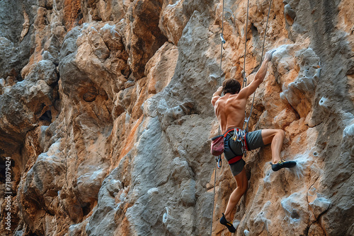 Illustrate a person skillfully mastering a challenging rock climbing route. 