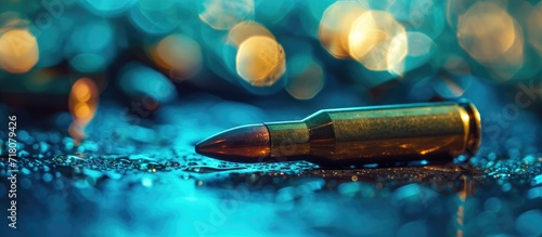 A rifle bullet lay still in the long cartridge against the backdrop of a vibrant blue background.