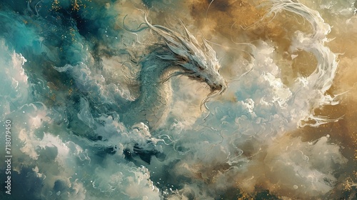 Majestic blue and gold watercolor dragon flying among the clouds. Force of the nature.