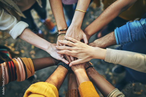 Show a group of people from diverse backgrounds - their hands interlocked in solidarity. 