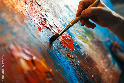 Depict a skilled painter in the process of creating a vivid masterpiece on canvas. 