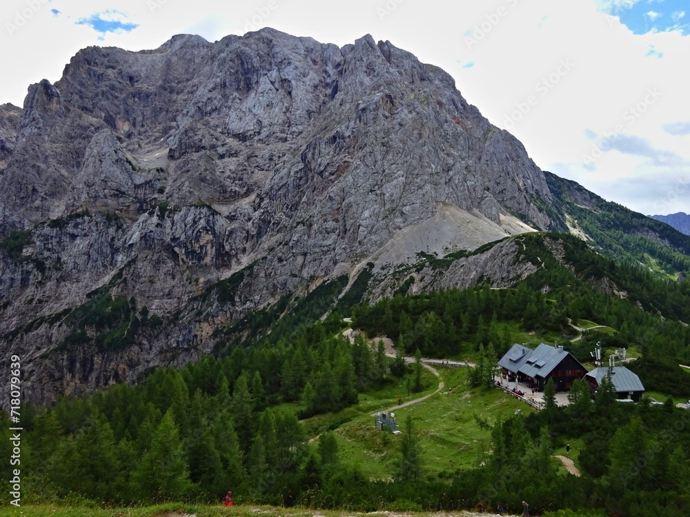 Slovenia - view of the Prisank mountain and the post office in Vršič in the Julian Alps