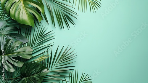 Top view of palm leaves in a green pastel backdrop with a big empty space inside of it for product advertisement  Generative AI.