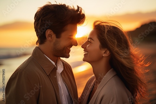 Romantic Couple Embracing on Beach at Sunset