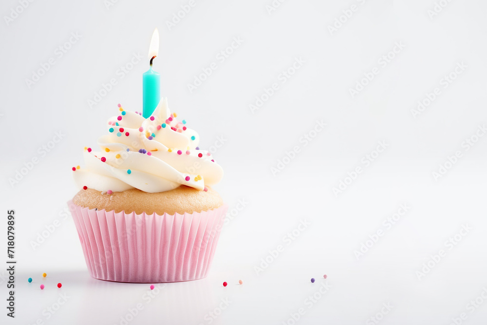 Cupcake birthday cake with candle on whitebackground	