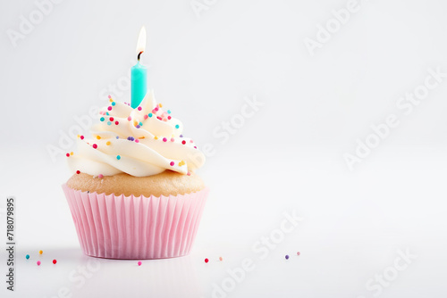 Cupcake birthday cake with candle on whitebackground 