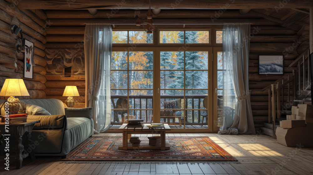 Home mockup, cozy log cabin interior background. Generative Ai