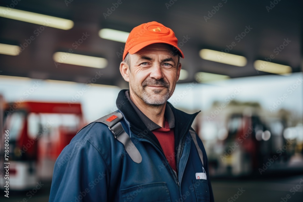 Portrait of a middle aged man working at gas station - obrazy, fototapety, plakaty 