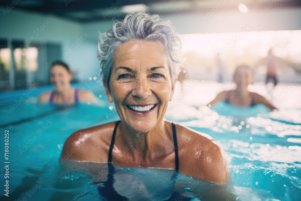 Portrait of a smiling senior woman swimming in indoor pool