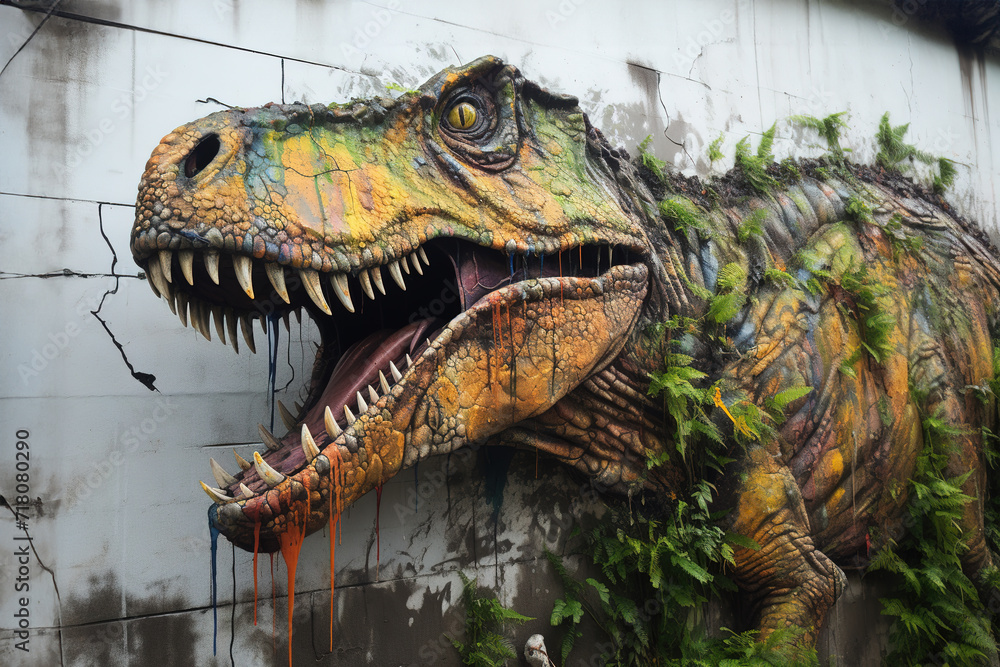 Sculpture and painting street art of dinosaur full of colorful colors and covered with leaves and grass. on the old wall. Ancient animals. Wildlife Animals. Generative AI. Sculpture and painting street art of dinosaur full of colorful colors and covered with leaves and grass. on the old wall. Ancient animals. Wildlife Animals. Generative AI.