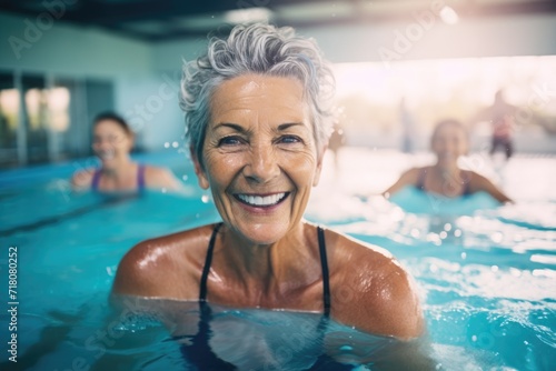 Portrait of a smiling senior woman swimming in indoor pool © Vorda Berge