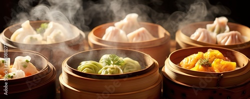 Hot dimsum in a container made of bamboo with smoke on top. generative AI