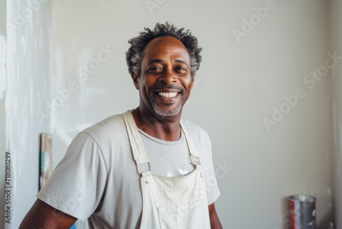 Portrait of a middle-aged construction worker in a renovated room