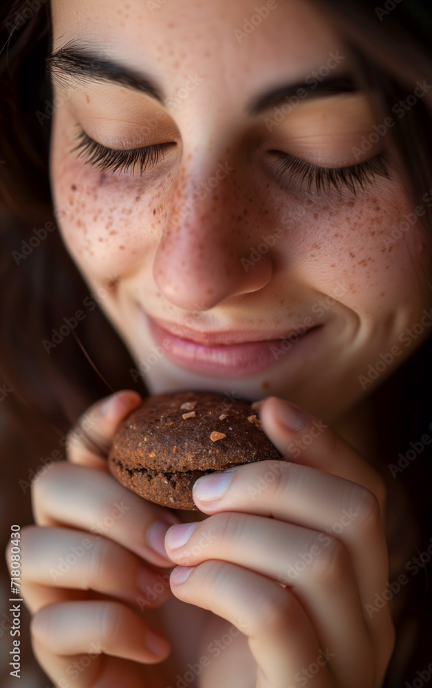 A close-up of young woman eating a choco cookie and enjoy the flavor A close-up of young woman eating a choco cookie and enjoy the flavor