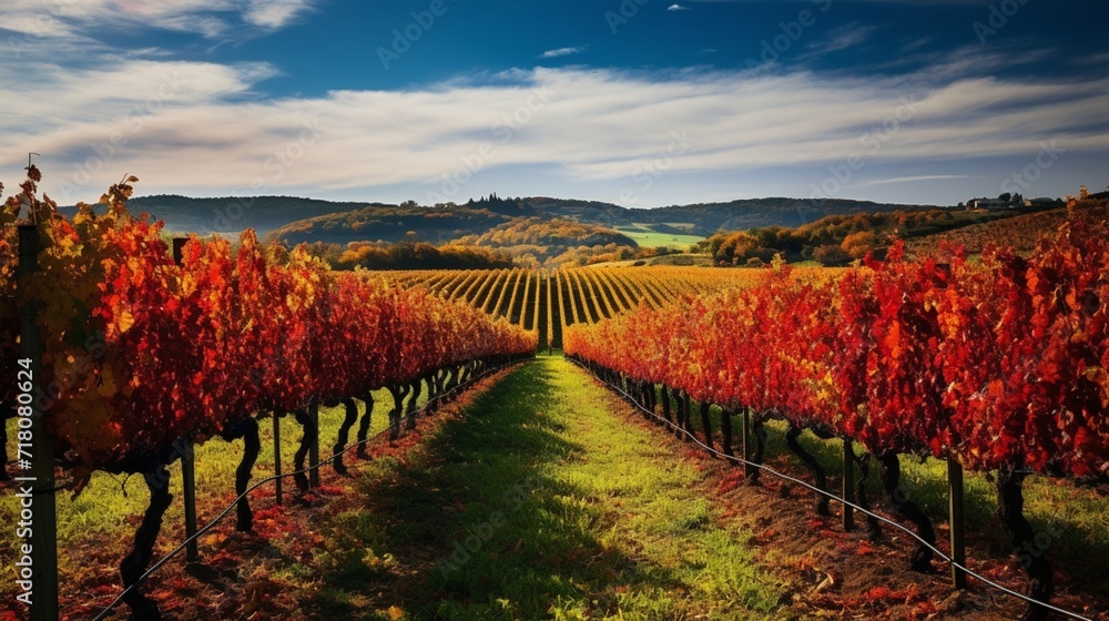 An autumn vineyard with rows of grapevines changing colors.