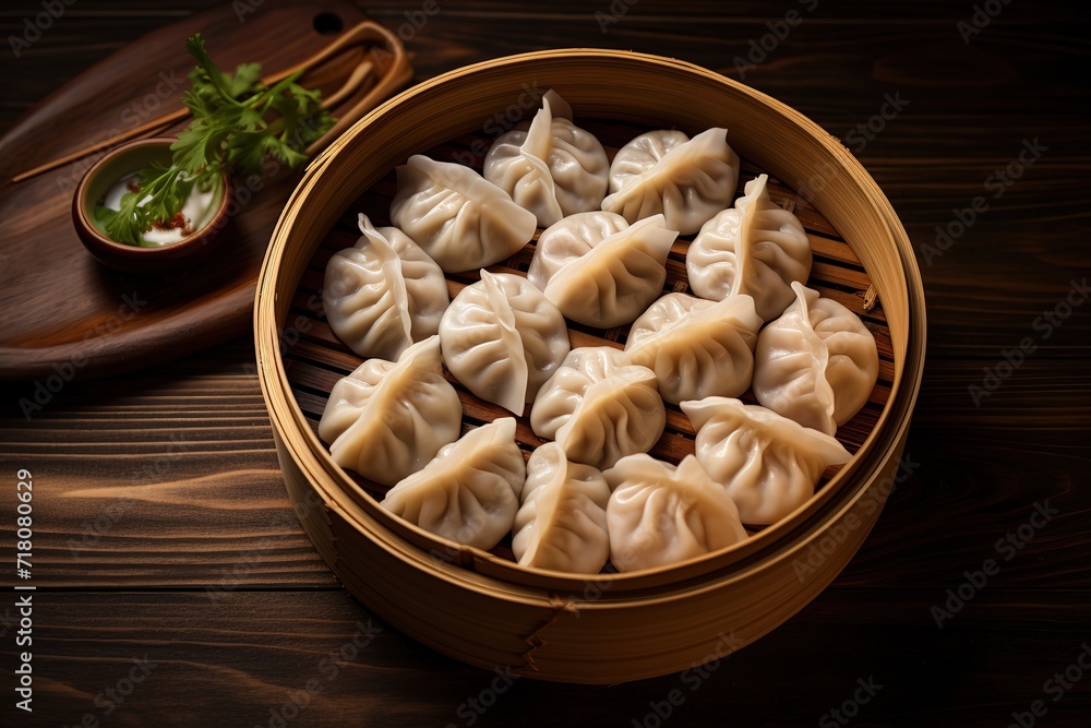 White dimsum is served in a container made of bamboo White dimsum is served in a container made of bamboo