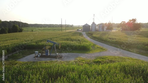 Industrial Pumpjack pumping oil in Isabella County, Michigan, aerial view photo