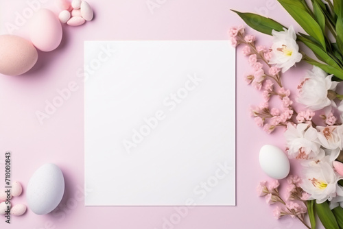 Kreatives flaches Ostergelege/Frühlingsgelege mit Blumen und einem weißem, leern Blatt Papier photo