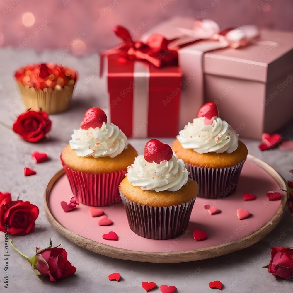 Valentine`s day greeting card with delicious sweet cupcakes and gift box on stone background.