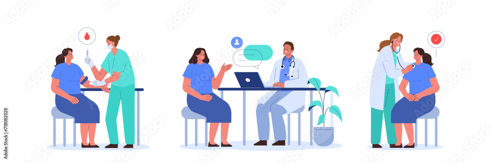 Patient meeting doctors collection. Woman talking with physician, getting blood test, consultation and health examination. Flat vector illustration isolated on white background. Patient meeting doctors collection. Woman talking with physician, getting blood test, consultation and health examination. Flat vector illustration isolated on white background.