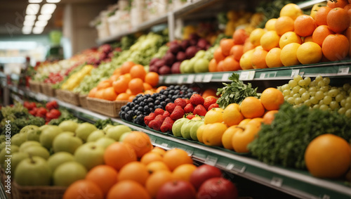 Fresh and clean healthy fruits and vegetables on a shelf in a supermarket background