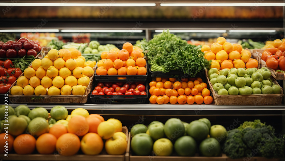 Fresh and clean healthy fruits and vegetables on a shelf in a supermarket background