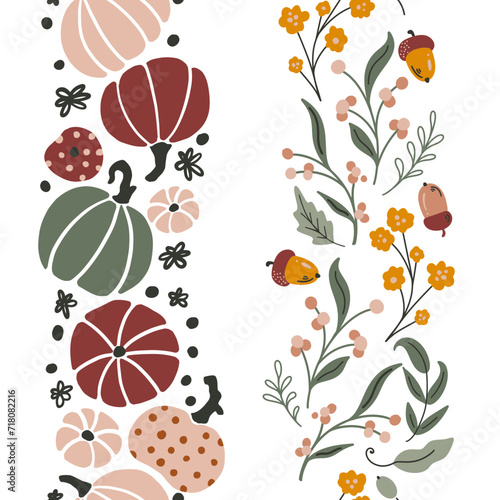 Autumn Pumpkins and Botanical Vector Seamless Vertical Borders Set